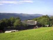 Blick nach Süden über den Bernauerhof zu Hinterwaldkopf mit Höfener Hütte am 17.7.2005 frühmorgens