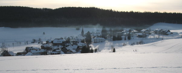 Blick von der Loipe nach Westen auf Waldau um 16 Uhr am 6.1.2005 - die Sonne verschwindet