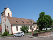 Blick nach Nordwesten zur Bötzinger Kirche mit Storch am 6.5.2007